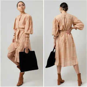 NWT Ulla Johnson Fiora Shirt Dress in Stripe Fawn Color Tie waist Casual Sz 8